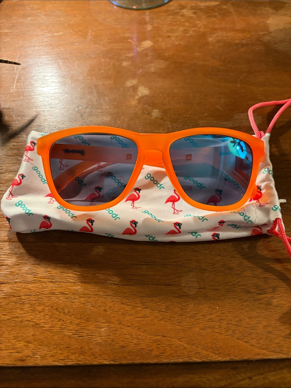 Vibrant Orange Goodr Sunglasses with Blue Mirrored Lenses - Picture 3 of 3